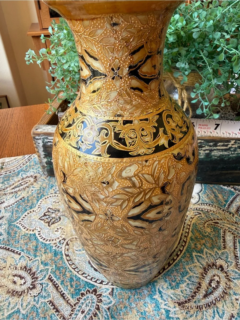Japanese Satsuma Style Moriage Vase Vintage Gold Black Floral Relief Pottery 12” - Picture 7 of 10